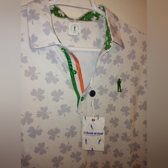 Fighting Irish Clover Print Golf Polo Shirt By U Suck At Golf Size XXL - Picture 2 of 6